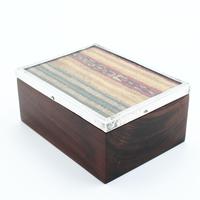 Peruvian Hand Carved Wood Box Silver Rim and Chancay Textile