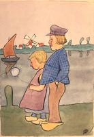 Original watercolour '2 Dutch children and a balloon'. Initialled C.B. (?) c.1910 (2 of 2) Original watercolour '2 Dutch children and a balloon'. Initialled C.B. (?) c.1910 (2 of 2)