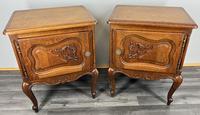 Pair of  Bedside Tables Vintage French Nightstands Oak Cabinets Carved Door (1 of 11)