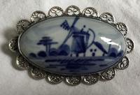 Mid Century Delft Porcelain & Silver Brooch