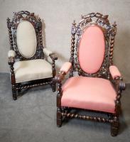 Pair of Victorian Jacobean Style Carved Oak Armchairs (10 of 12) Pair of Victorian Jacobean Style Carved Oak Armchairs (10 of 12)