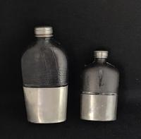 Two Mid Victorian Pewter, Leather Bound & Glass Hip Flasks (2 of 3) Two Mid Victorian Pewter, Leather Bound & Glass Hip Flasks (2 of 3)