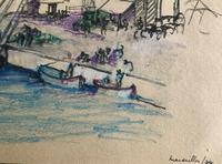 Original pencil and crayon drawing 'Marseilles docks' by Barbara Lady Brassey. 1911-2010. Inscribed and dated 34 (2 of 2) Original pencil and crayon drawing 'Marseilles docks' by Barbara Lady Brassey. 1911-2010. Inscribed and dated 34 (2 of 2)