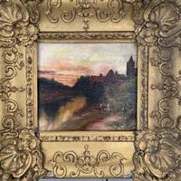 Antique Victorian signed oil painting river landscape at sunset in gesso frame (7 of 8) Antique Victorian signed oil painting river landscape at sunset in gesso frame (7 of 8)