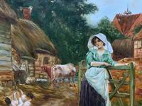 Wonderful Original Signed Vintage Oil Painting - Pretty Milkmaid in Farmyard (5 of 12) Wonderful Original Signed Vintage Oil Painting - Pretty Milkmaid in Farmyard (5 of 12)