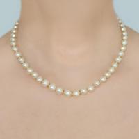 Vintage 1950s Pearl Necklace – Diamond & Pearl Floral 9ct Gold Clasp, 16" Single Strand Pearls