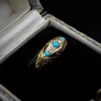 Antique Turquoise and Diamond Five Stone Scroll Boat 18ct 18K Yellow Gold Ring (3 of 10) Antique Turquoise and Diamond Five Stone Scroll Boat 18ct 18K Yellow Gold Ring (3 of 10)