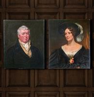 Pair Of Husband & Wife Victorian 19th Oil Portrait Paintings, Antique Artwork