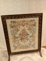 Antique Tapestry Fire Screen with Inlaid Wood Carving
