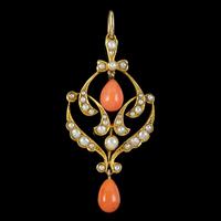 Antique Victorian Coral Pearl Pendant 15ct Gold c.1900 (2 of 5) Antique Victorian Coral Pearl Pendant 15ct Gold c.1900 (2 of 5)
