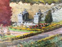 Original oil painting on board A Scottish (?) castle and formal gardens' by Barbara Lady Brassey. 1911-2010. Signed c.1980 (3 of 4) Original oil painting on board A Scottish (?) castle and formal gardens' by Barbara Lady Brassey. 1911-2010. Signed c.1980 (3 of 4)