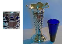 Edwardian Silver Trumpet Shaped Vase with Blue Glass Liner - Chester 1901 (2 of 4) Edwardian Silver Trumpet Shaped Vase with Blue Glass Liner - Chester 1901 (2 of 4)