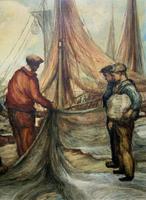 Cornish School - Large early 1900s Oil Painting of Fishermen Pulling in the Nets (4 of 14) Cornish School - Large early 1900s Oil Painting of Fishermen Pulling in the Nets (4 of 14)