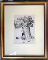 Original pen and ink 'A book illustration' by Hector Macdonald Sutton. 1903-95. Initialed. c.1955. Framed (2 of 2) Original pen and ink 'A book illustration' by Hector Macdonald Sutton. 1903-95. Initialed. c.1955. Framed (2 of 2)