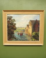 Large Framed Oil Painting of Boats at Totnes by Dorothy Bradshaw (3 of 13) Large Framed Oil Painting of Boats at Totnes by Dorothy Bradshaw (3 of 13)
