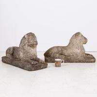 Pair of Weathered Recumbent Garden Lions