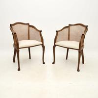 Pair of Antique Edwardian Walnut Cane Back Armchairs