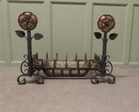 Iron Fire Grate Set on Arts and Crafts Tudor Rose Andirons