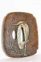 Fine & Heavy Signed Bronze Tsuba Overlaid with a Silver Heron (7 of 7) Fine & Heavy Signed Bronze Tsuba Overlaid with a Silver Heron (7 of 7)