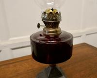Cranberry Glass Oil Lamp on Decorative Iron Base (2 of 4) Cranberry Glass Oil Lamp on Decorative Iron Base (2 of 4)