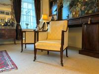 Exceptional Pair of Mahogany Inlaid Linen Silk Upholstered Bergere Armchairs (8 of 12) Exceptional Pair of Mahogany Inlaid Linen Silk Upholstered Bergere Armchairs (8 of 12)