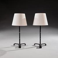 Pair of Leather Simulated Bamboo Table Lamps Attributed to Jacques Adnet