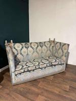 Vintage Knoll Three Seater Settee with Drop Arms – Floral Blue / Teal Upholstery