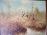 B Norton: Oil Painting on Canvas of Pheasants in Marshland Setting (2 of 4) B Norton: Oil Painting on Canvas of Pheasants in Marshland Setting (2 of 4)