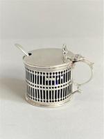 Victorian Pierced Silver Drum Mustard Pot & Spoon