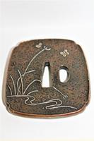 Fine & Heavy Signed Bronze Tsuba Overlaid with a Silver Heron (6 of 7) Fine & Heavy Signed Bronze Tsuba Overlaid with a Silver Heron (6 of 7)