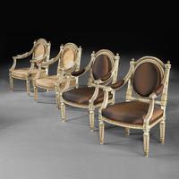 Extremely Fine & Decorative Set of Four 19th Century Italian Painted And Parcel Gilt Armchairs of Neo-Classical Design Extremely Fine & Decorative Set of Four 19th Century Italian Painted And Parcel Gilt Armchairs of Neo-Classical Design