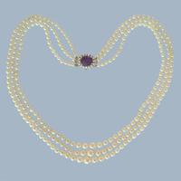 Fine Triple Strand Pearl Necklace with 9ct Gold Amethyst Clasp, London 1962