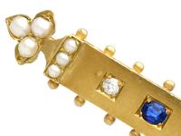 0.18ct Sapphire, Diamond & Pearl, 18ct Yellow Gold Bar Brooch - Antique Victorian c.1890 (3 of 9) 0.18ct Sapphire, Diamond & Pearl, 18ct Yellow Gold Bar Brooch - Antique Victorian c.1890 (3 of 9)