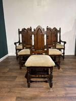 Six Reproduction Oak Gothic Style Dining Chairs