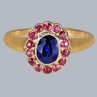 Antique Victorian Sapphire & Ruby Cluster Ring – 18ct Gold – Vintage Daisy Style