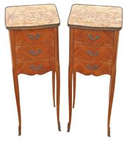 Antique Pair of Small Marquetry Bedside Tables with Marble Tops – Quality Nightstands, Early 20th Century