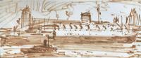 Original double sided sepia wash drawing of 'A Spitfire(?) and pilot with verso, An ocean liner and tug' by Richard Walker 1925-2009. c.1945. (2 of 2) Original double sided sepia wash drawing of 'A Spitfire(?) and pilot with verso, An ocean liner and tug' by Richard Walker 1925-2009. c.1945. (2 of 2)