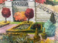 Original oil painting on board A Scottish (?) castle and formal gardens' by Barbara Lady Brassey. 1911-2010. Signed c.1980 (2 of 4) Original oil painting on board A Scottish (?) castle and formal gardens' by Barbara Lady Brassey. 1911-2010. Signed c.1980 (2 of 4)