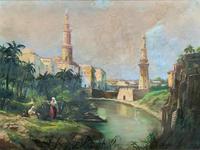 Large Early 1900s North African Cityscape with Mosque Oil Painting on Canvas (15 of 15) Large Early 1900s North African Cityscape with Mosque Oil Painting on Canvas (15 of 15)