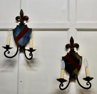 Pair of Wrought Iron Heraldic Shield Shaped Girandole Wall Mirrors (5 of 7) Pair of Wrought Iron Heraldic Shield Shaped Girandole Wall Mirrors (5 of 7)