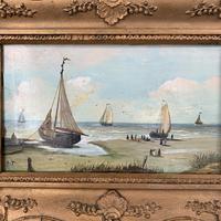 Antique coastal seascape oil painting of fishing boats signed YT (8 of 9) Antique coastal seascape oil painting of fishing boats signed YT (8 of 9)