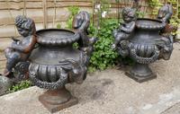 Pair of Cast Iron Garden Urns with Cherubs & Rams Heads (2 of 8) Pair of Cast Iron Garden Urns with Cherubs & Rams Heads (2 of 8)