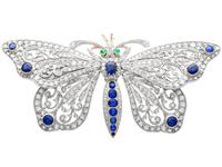 Antique 6.25ct Basaltic Sapphire, 0.24ct Emerald & 7.30ct Diamond, 15k Yellow Gold Butterfly Brooch c.1890