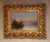 Alpine scene oil painting with castle by a lake (3 of 6) Alpine scene oil painting with castle by a lake (3 of 6)