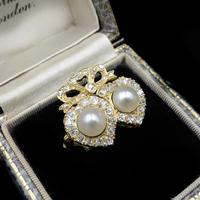 Antique Pearl and Diamond Twin Double Heart Bow 18ct Yellow Gold Ring (2 of 9) Antique Pearl and Diamond Twin Double Heart Bow 18ct Yellow Gold Ring (2 of 9)