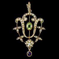 Antique Suffragette Art Nouveau Pendant Peridot Amethyst Pearl 9ct Gold c 1910 (2 of 5) Antique Suffragette Art Nouveau Pendant Peridot Amethyst Pearl 9ct Gold c 1910 (2 of 5)
