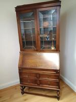 Oak Bureau Book Case with Leaded Glass Doors c.1930