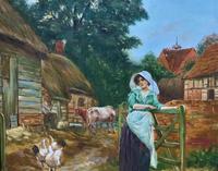 Wonderful Original Signed Vintage Oil Painting - Pretty Milkmaid in Farmyard (8 of 12) Wonderful Original Signed Vintage Oil Painting - Pretty Milkmaid in Farmyard (8 of 12)