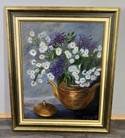 Vintage Oil Painting Flowers in Teapot Signed Gilt Frame Floral Art (LOT 3869)