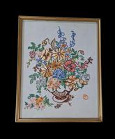Framed Hand Stitched Embroidery of Floral Scene